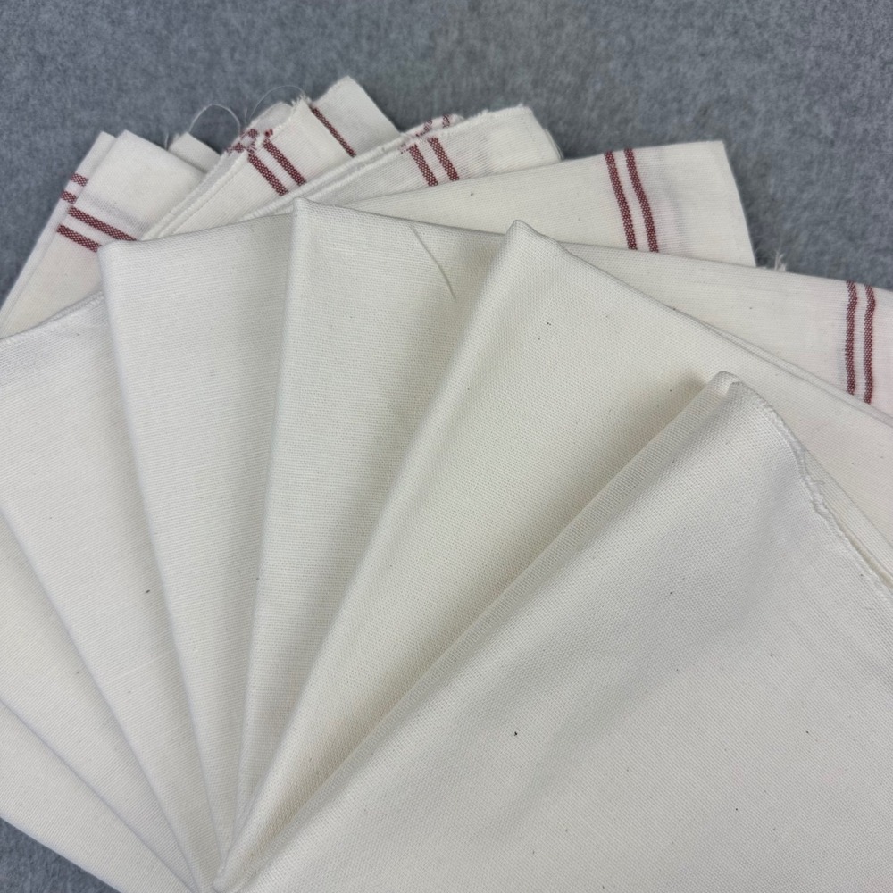 7PC Vtg Linen Farmhouse Tablecloths Bread Cloths Red Stripe 32x34 French Country